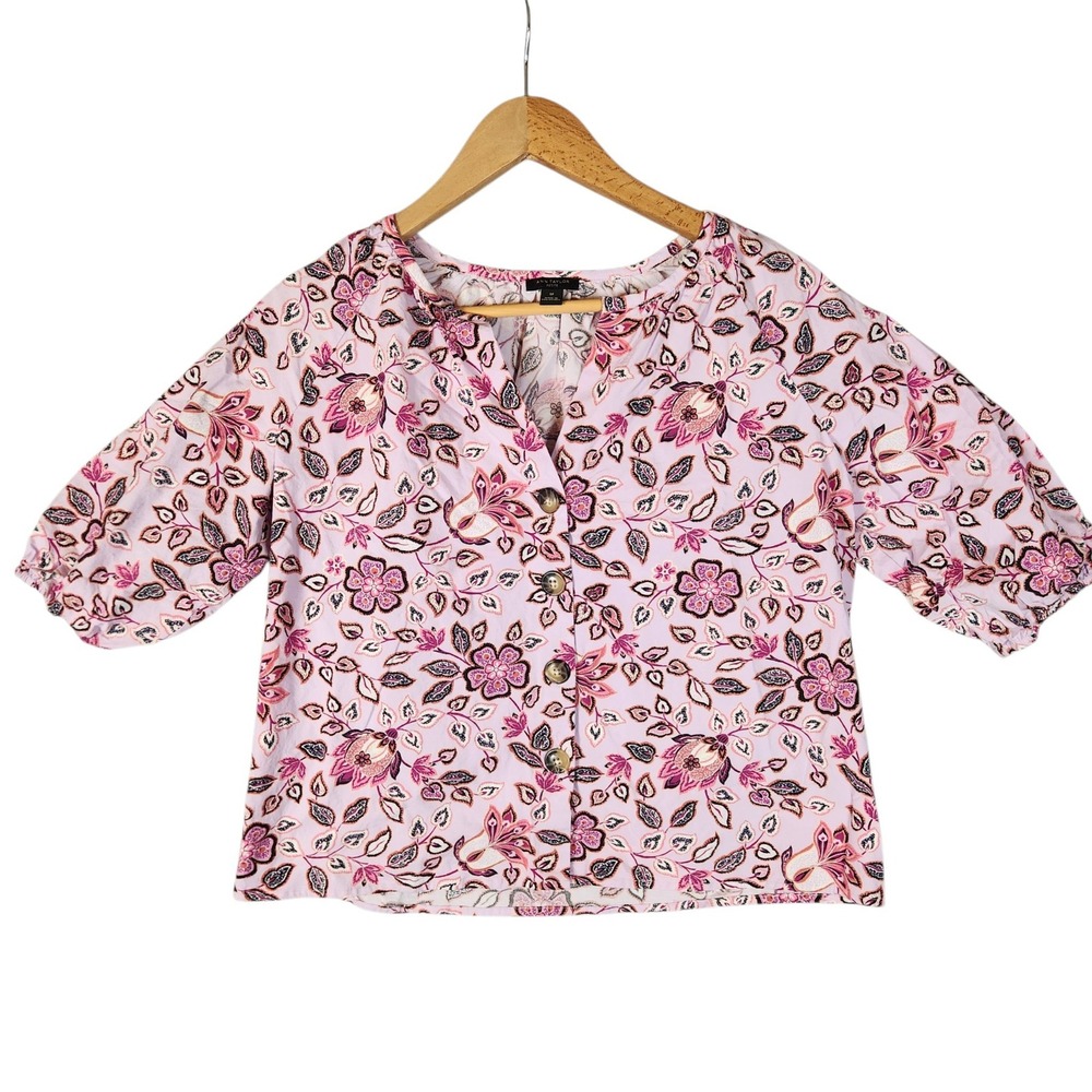 Ann Taylor Blouse Sizw SP Pink Floral Button Front Puff Sleeve Cottagecore